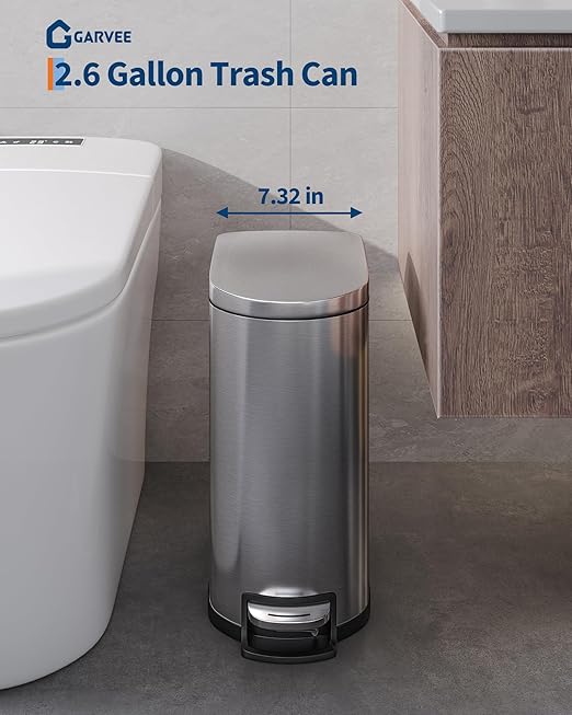 2.6 Gallon Bathroom Trash Can with Lid, Slim Step Pedal Garbage Bin, Stainless Steel Wastebasket with Soft-Close Lid, Removable Inner Bucket & Rear Handle for Bathroom, Office & Small Spaces-Silver