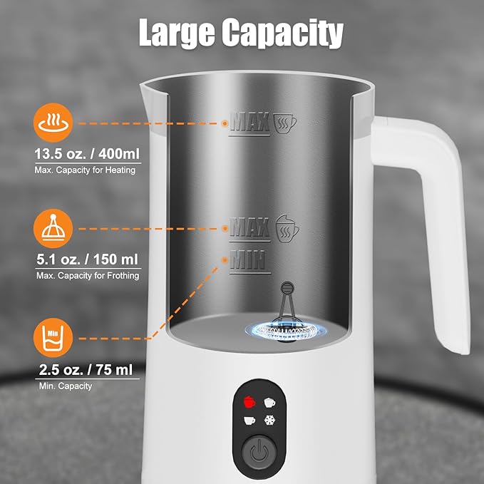 Milk Frother, 4-in-1 Electric Milk Steamer and Frother, 13.5oz/400ml Automatic Large Capacity Warm and Cold Foam Maker, Milk Warmer and Coffee Frother for Latte, Cappuccino, Macchiato(White)