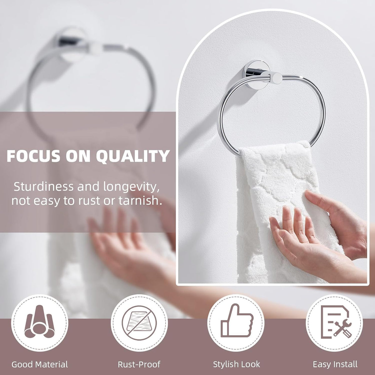 Suyar Hand Towel Holder Chrome, Stainless Steel Towel Ring for Bathroom Wall, Oval Shape
