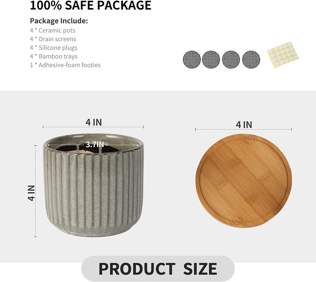 OMAYKEY 4 Inch Ceramic Plant Pot with Saucer, Creative Stripe Grey-Green Small Planters Pots with Drainage Hole and Mesh Pads for Succulent, Cactus, Herbs - Set of 4