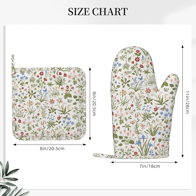 Vintage Wildflowers Botanical Oven Mitts and Pot Holders Sets Silicone Florals Kitchen Oven Mitts Hot Pads Heat Resistant Flowers Potholders Kitchen Mitts Set for Baking BBQ Cooking