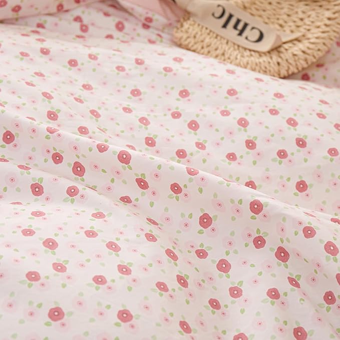 Pink Floral King Comforter Set Chic Flower Bedding Ruffled Comforter Set King Vintage Garden Floral Comforter with Lace Reversible Flower Botanical Comforter Fluffy All Seasons Bedding Set King
