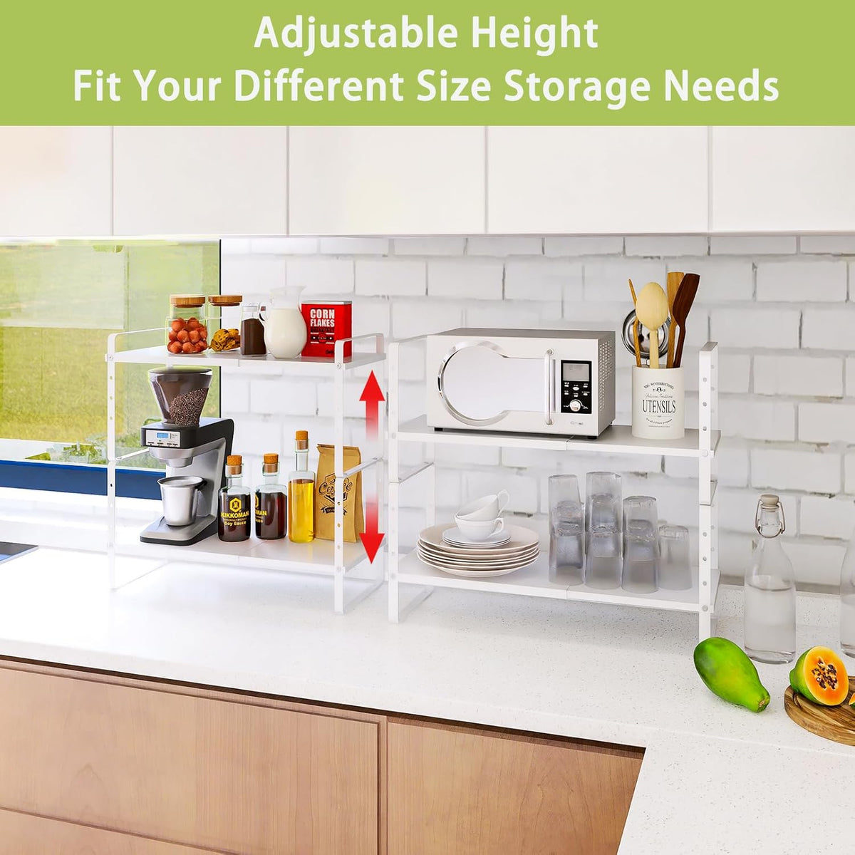 Expandable Cabinet Shelf Organizer Rack, Stackable Kitchen Counter Storage Shelves Stand, Adjustable Height Pantry Shelf Spice Rack (White, 1 Pack)