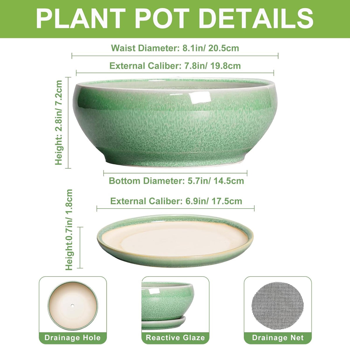 SQOWL Bonsai Planter - 8 Inch Ceramic Succulent Planters for Indoor Plants Outdoor, Shallow Round Planter with Drainage Hole and Saucer, Ceramic Bowl Planters, Home Decor, Birthday Gifts, Green