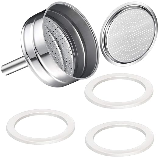 Moka Express Replacement Funnel Kit, 3 Packs Gasket Seals, 1 Stainless Steel Funnel with 1 Pack Stainless Filter (6-Cup)