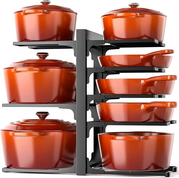 MUDEELA Pots and Pans Organizer Rack under Cabinet 8-Tiers Adjustable Heavy Duty 120LBS Pot and Pan Organizer inside Cabinet for Kitchen Organizer Cast-iron Pans, Heavy Skillets Griddles, Shallow Pots