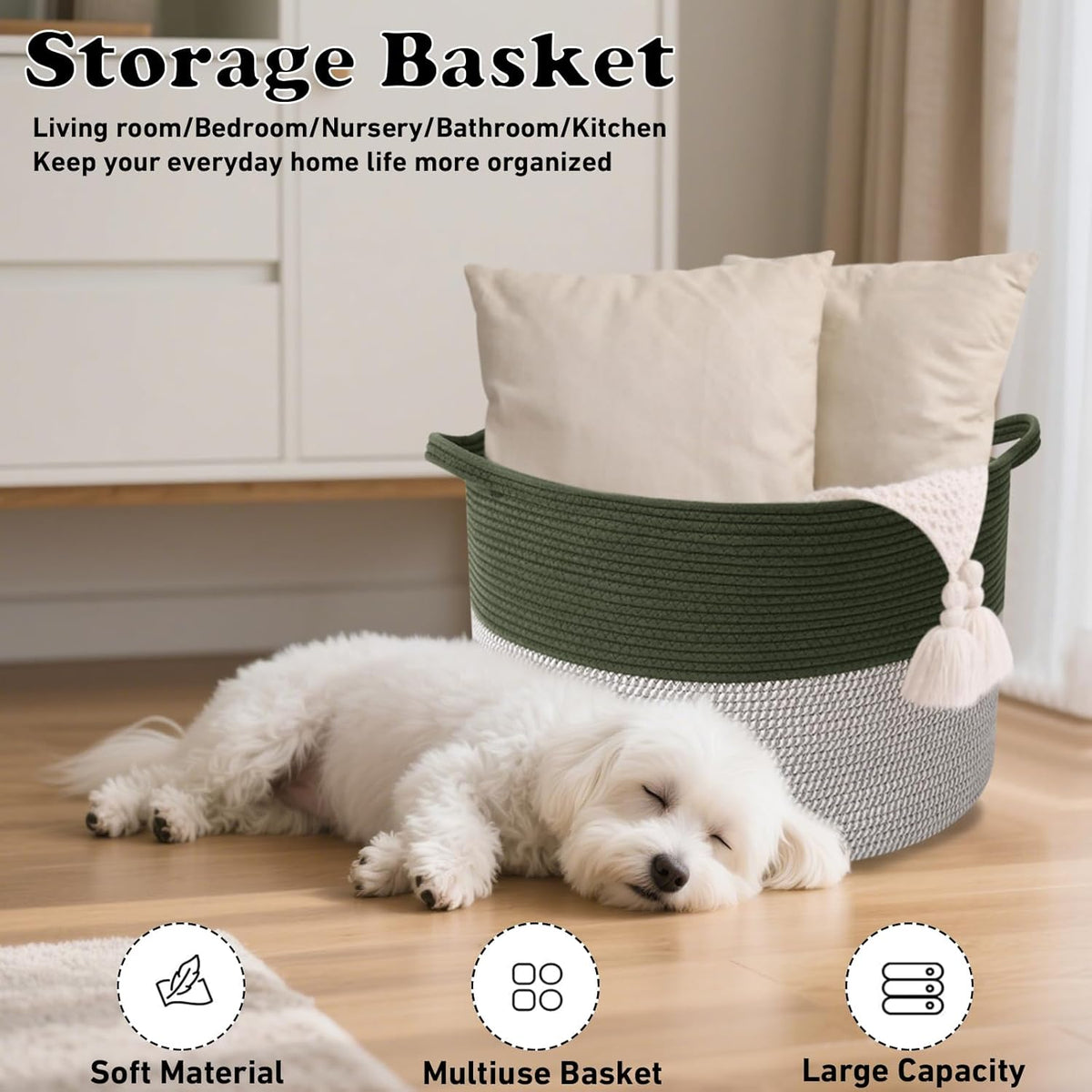 Large Blanket Basket for Organizing,65L Closet Organizers and Storage Bins Box for Shelves Woven Rope Storage Baskets,Living Room,Bedroom,Dorm,Laundry room (Green&White)