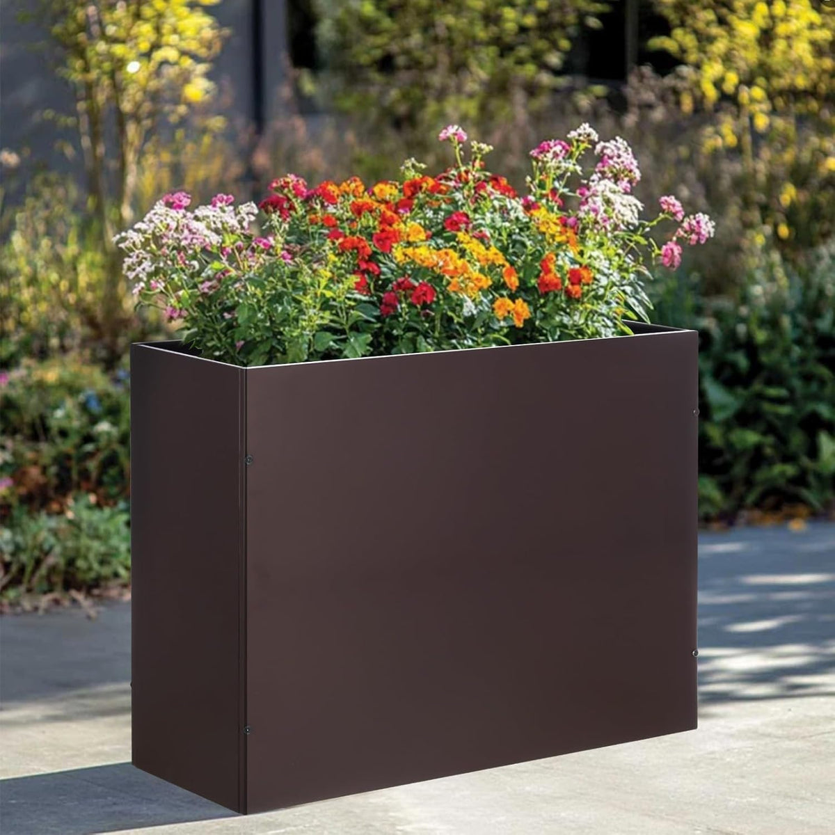 Metal Rectangular Planter Box Tall Planters for Outdoor Plants Modern Heavy Duty with Drainage Holes for Outside Indoor Patio Deck - Brown, 32”x 12”x 24”