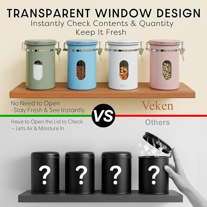 Veken Coffee Canister with Window, Airtight Stainless Steel Kitchen Food Storage Container with Lids, Date Tracker and Scoop for Grounds Coffee, Beans, Tea, Flour, Cereal, Sugar Jars, 22OZ, Pink