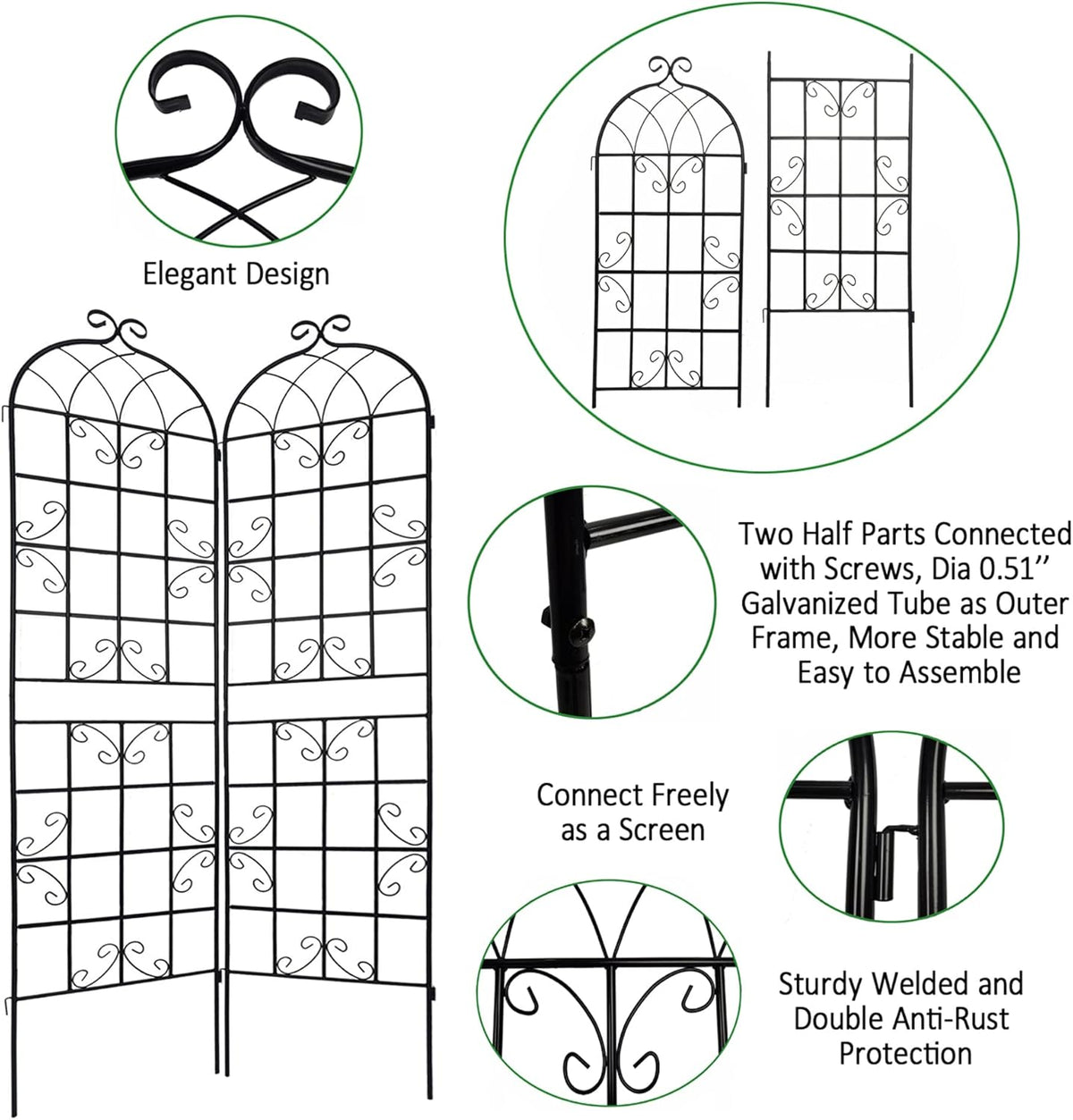 6 Pack Metal Garden Trellis 86.7" H Garden Fence Rustproof Trellis for Climbing Plants Support Roses Flower Outdoor Lawn, Black 7.2FT Tall
