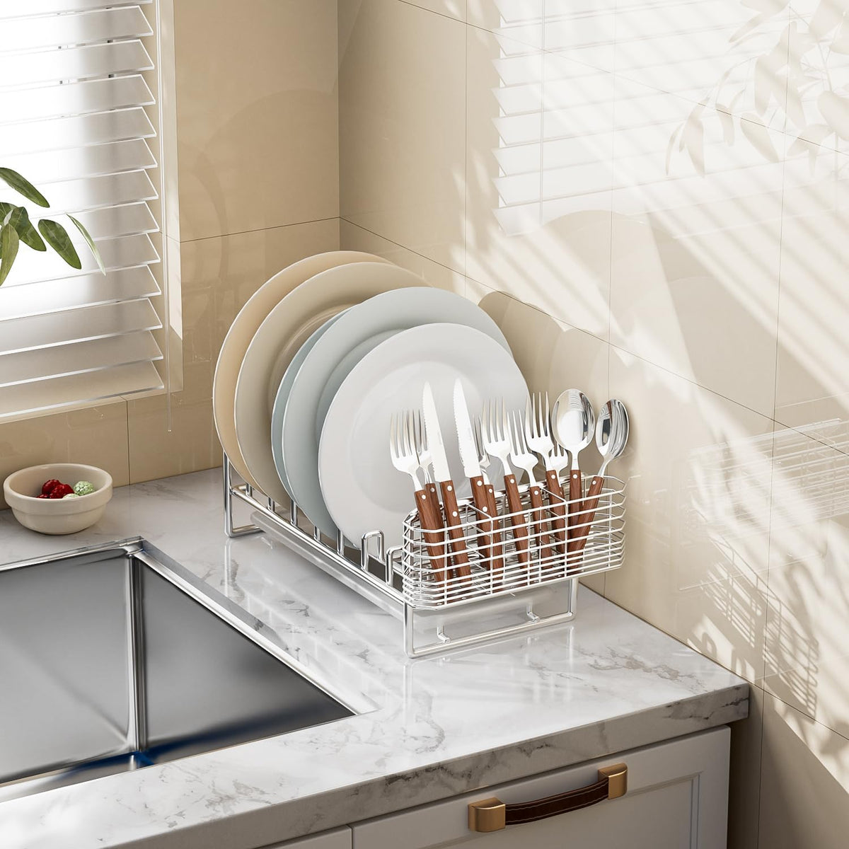 JAQ Utensil Holder for Sink, Sus304 Stainless Steel Rust Free Silverware Cutlery Flatware Holder Rack Organizer with Hooks for Dish Drying Rack Sink Dish Drainer in Kitchen Bathroom