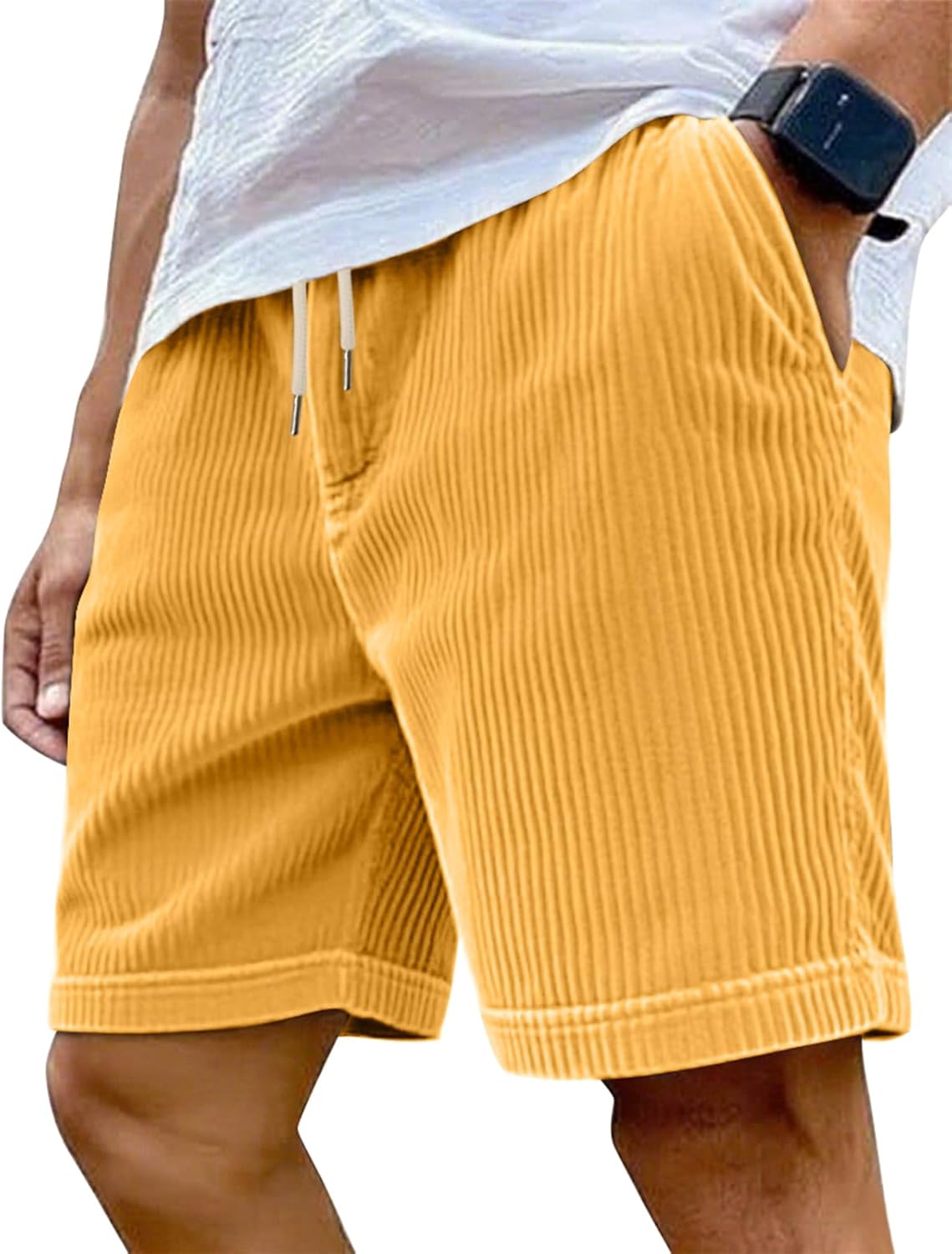 Mens Cargo Shorts Casual Drawstring Elastic Waist Corduroy Summer Beach Shorts with Pockets