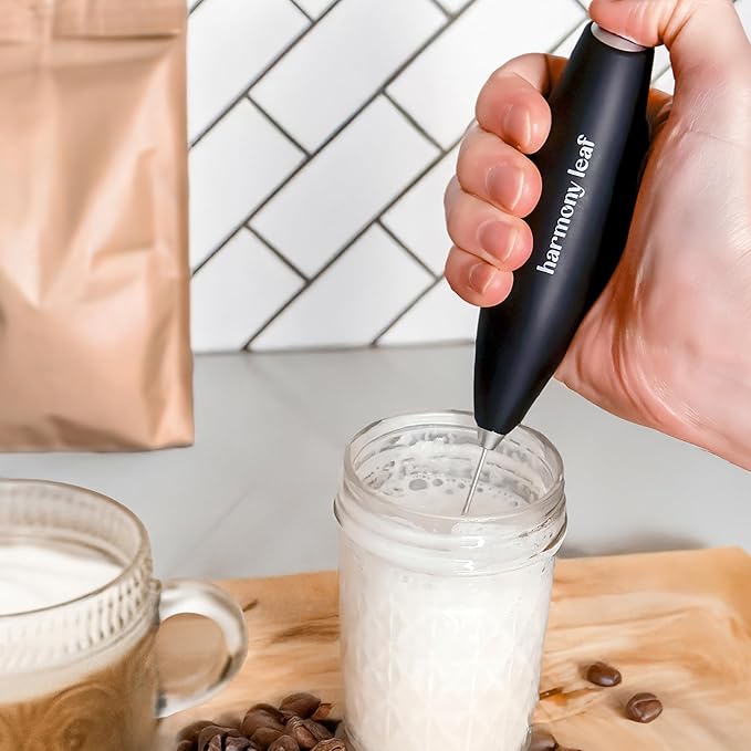 Harmony Leaf Handheld Milk Frother, Stainless Steel Electric Drink Mixer with Stand, Battery Operated Coffee Frother for Lattes, Matcha, Hot Chocolate and More, Black