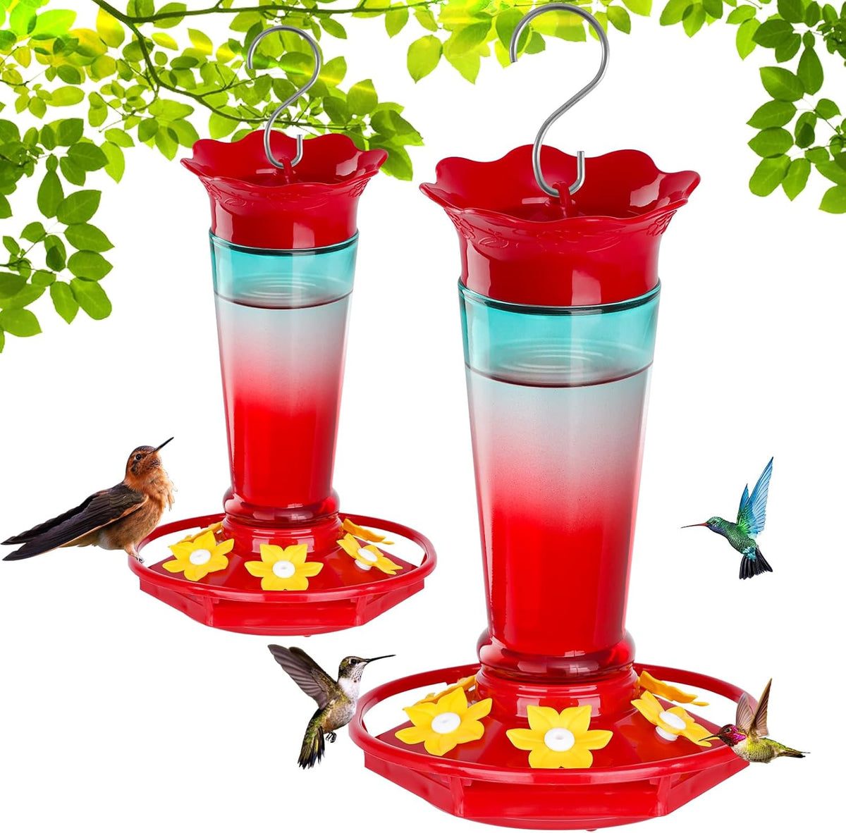Glass Hummingbird Feeders for Outdoors Hanging Ant and Bee Proof Red & Blue 10OZ 2Pack Bird Feeders for Outside Hanging 6 Feeding Stations Bird Nectar Feeder for Garden Yard Décor Gift for Mom
