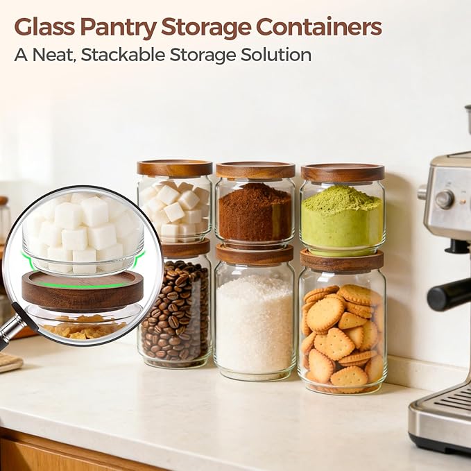 ComSaf 6PCS (1.1Qt/0.5Qt) Glass Pantry Storage Container with Acacia Wood Lid, Airtight Glass Canister with Stacked Design for Orderly Organizing, Glass Jar Organizing Dry Goods in Pantry & Cabinet
