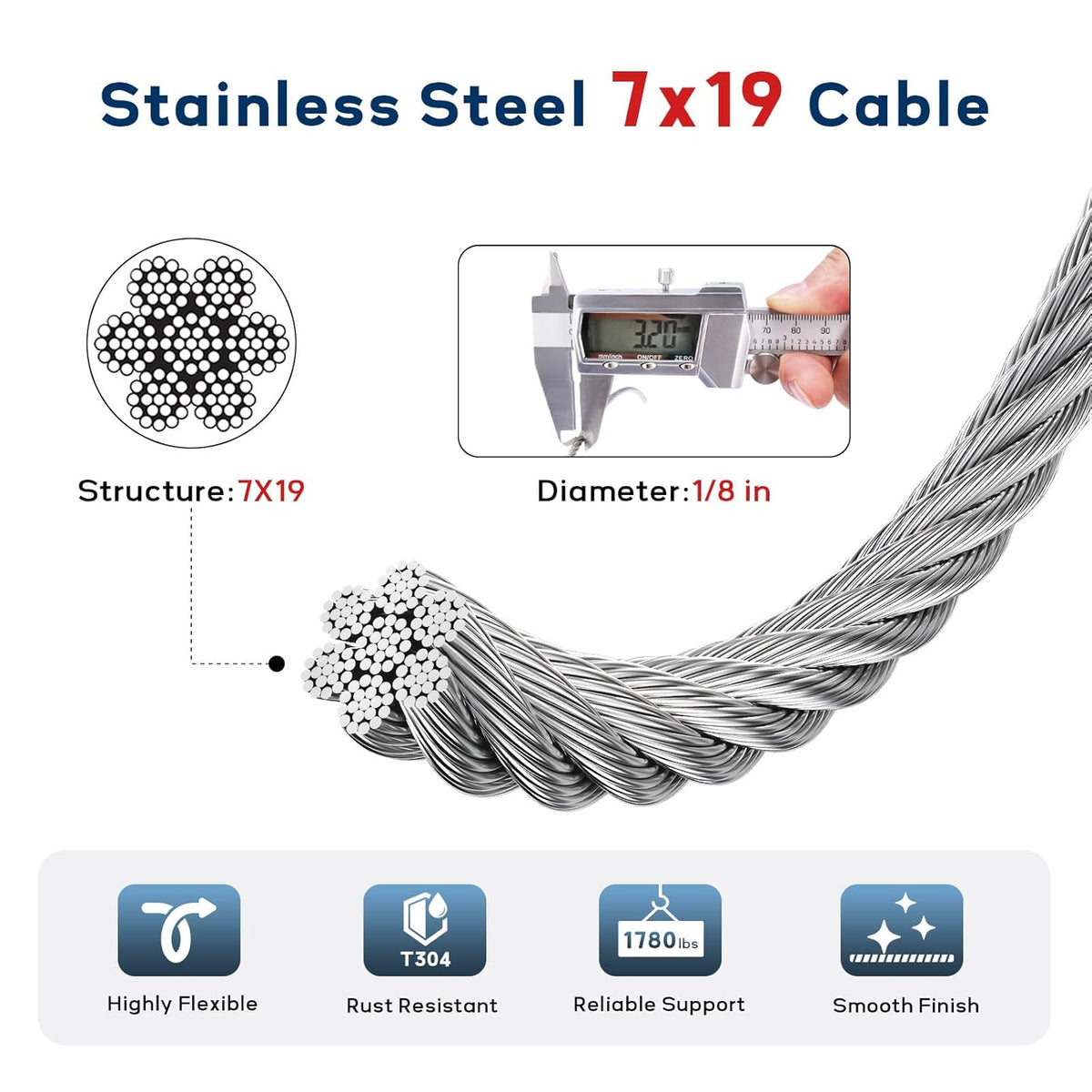 1/8 Inch Stainless Steel Cable 164FT, 7x19 Strand Wire Rope Kit with Thimbles, Clips & Aluminium Sleeves for Plants Climbing, Deck Fence Railing, String Light Haning and DIY Projects