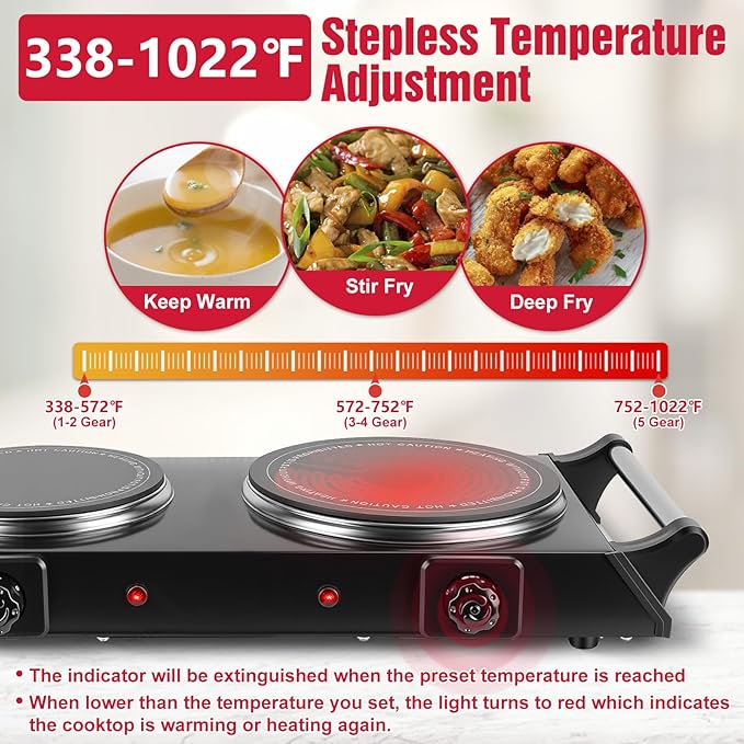 Electric Countertop Double Burner, 1800W Cooktop with Crystal Glass Hot Plate, 5-Level Stepless Temperature Control, Stay Cool Handles, Easy to Clean, Compatible Cooking Stove for Office Home RV