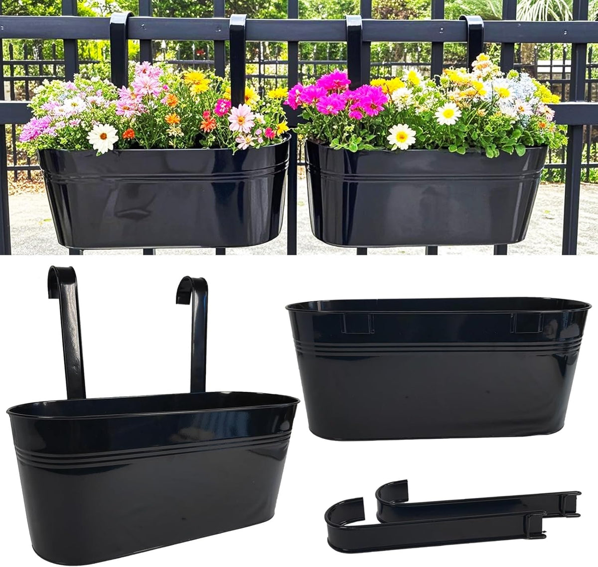 Hanging Planters for Outdoor Plants, 17" Railing Planter Pots, Metal Fence Flower Pot for Porch Balcony with Detachable Hook (Black, Pack of 2)