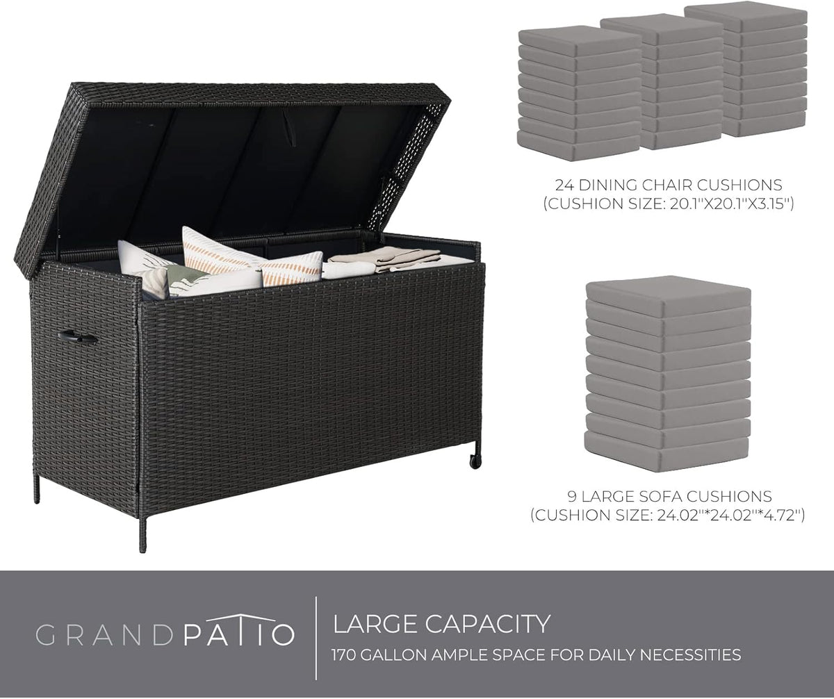 Grand patio 170 Gallon Storage Box, Dark Brown PE Wicker, Minimalist Style, Water Resistant, Flip Top, Smooth Wheels, for Patio Furniture Cushions, Garden Tools, Pool Accessories