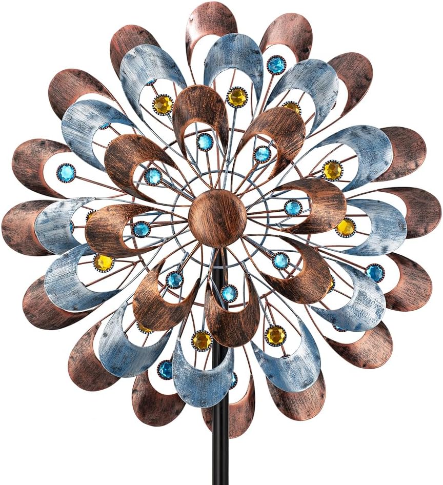 DREAMYSOUL Wind Spinner Outdoor Clearance, 20" Dia Large Metal Windmills with Blue and Copper Blades, Kinetic Wind Spinners & Sculpture for Yard and Garden