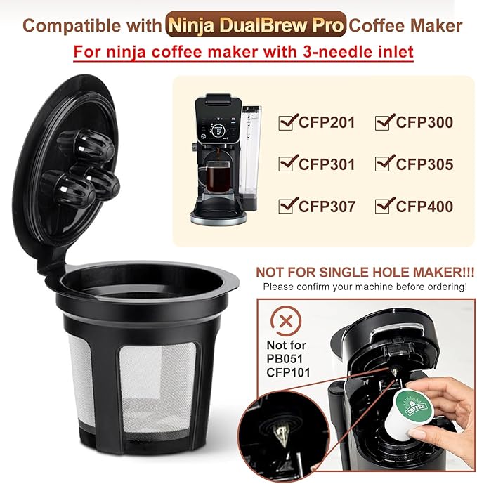 5 Pack Ninja Reusable Coffee Pods: Reusable K Cups for Ninja Coffee Maker - Refillable Coffee Filters for 3-Needle Ninja DualBrew Pro CFP200 CFP201 CFP300 CFP301 CFP305 CFP400（Only for 3-Hole Version)
