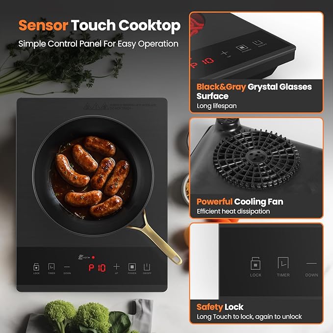 Electric Hot Plate,Nuopuplai Single Countertop Burner Portable Ceramic Cooktop For Cooking Ultra-thin Electric Stove Infrared Cooker,24-Hour Timer Child Safety Lock,Compatible With All Cookware 1800W