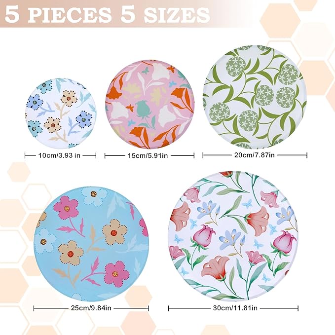5-Size Reusable Beeswax Bowl Covers for Bread Proofing, Cotton Cloth Flexible Beeswax Wraps for Food Storage(Bellflower)