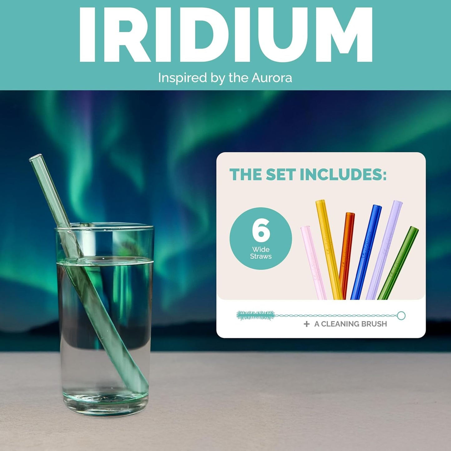 Simply Straws 8 Inch Wide Glass Straws (6-Pack) - 12mm Reusable Boba Straws for Milkshakes & Smoothies, with Cleaning Brush - Dishwasher Safe, Hot & Cold Use, BPA-Free (Iridium)