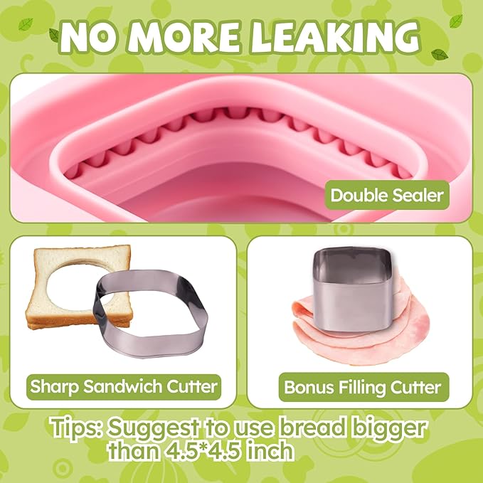 LEPCY Uncrustables Sandwich Maker Sealer Cutter, Crustless Sandwich Cutter, PB&J Uncrustable Maker - Color Pink, Square Shape