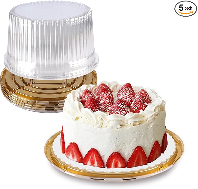 NPLUX 10 Inch Plastic Cake Carriers Gold Cake Containers with Lid and White Cake Boards, Clear Cupcake Holder for 1-2 Layer Cheesecake, Bundt Cake Pie Bakery Supplies(5 Pack)
