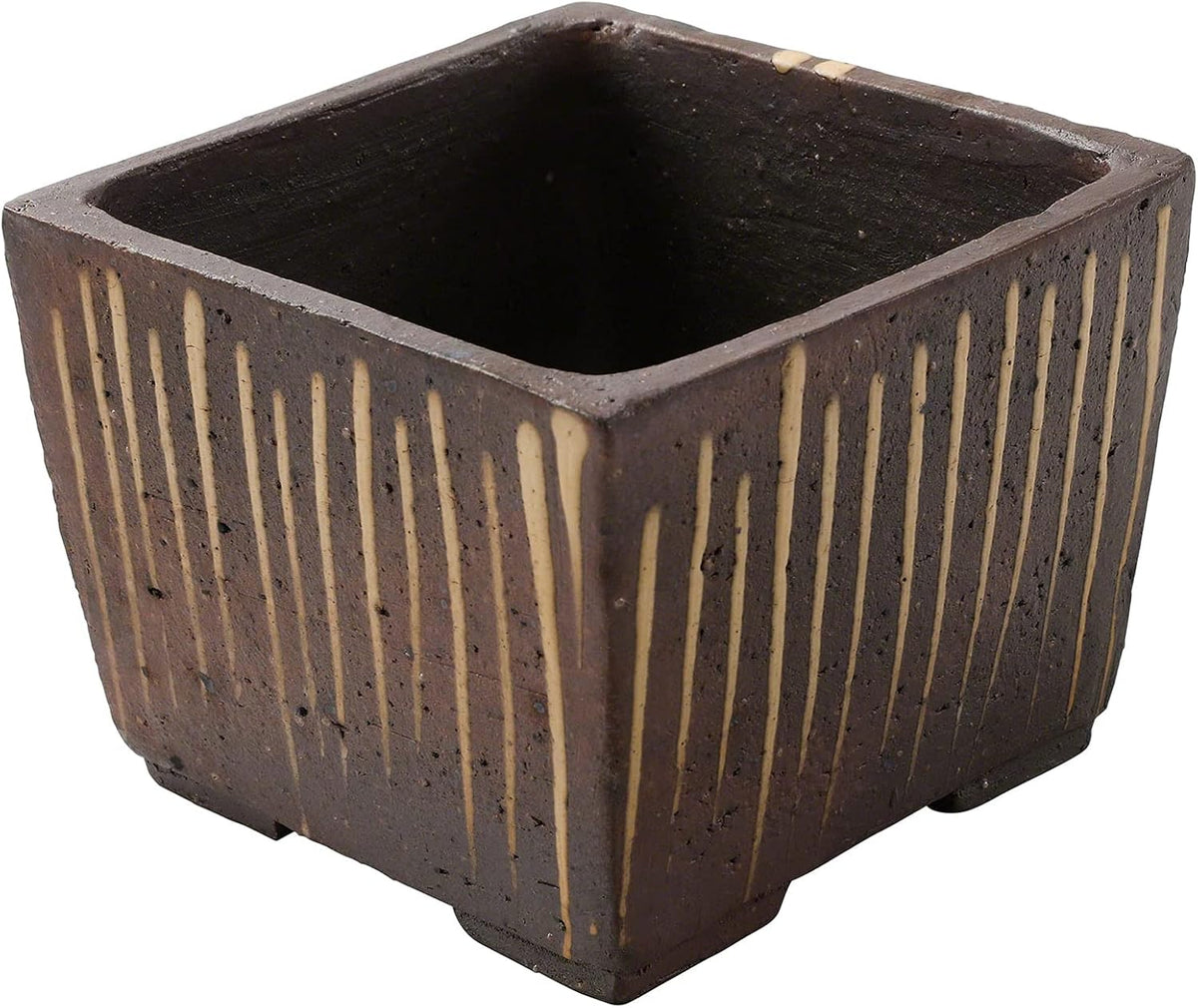 Wazakura Tokoname Series Small Handmade Striped Square Bonsai Pot with Drainage Hole 4.1in (105mm) Made in Japan, Ceramic Training Starter Container, Decorative Flower Planter - Brown