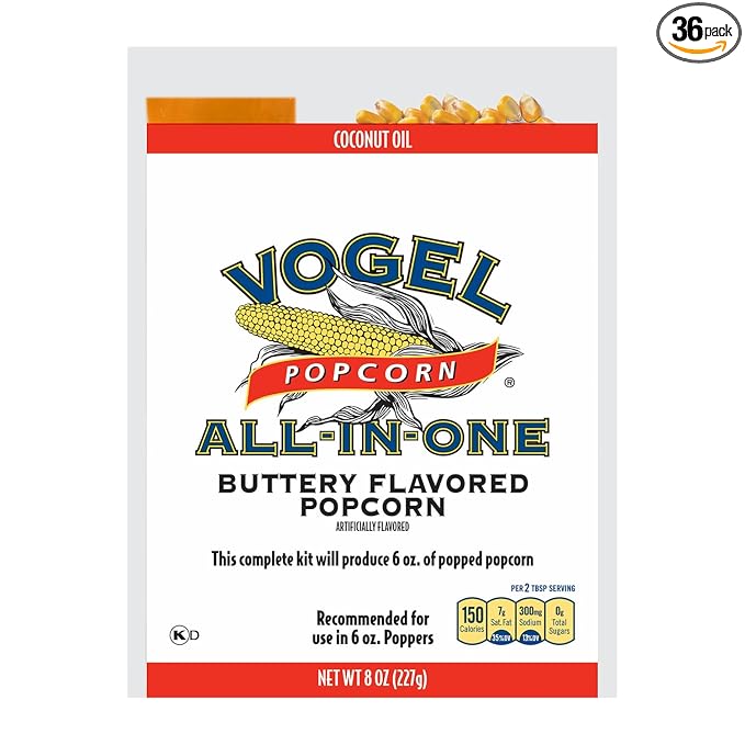 Vogel All-in-one Coconut Oil Buttery Flavored Popcorn, for 6oz. Popcorn Machine, 8oz. (Pack of 36)