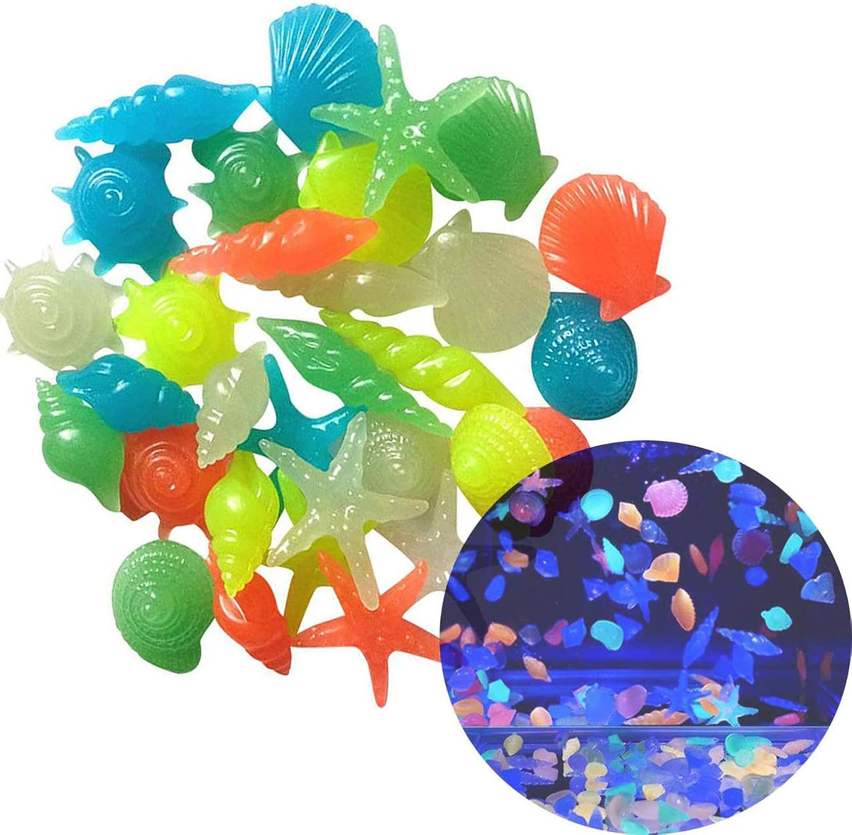 Oubest Glow in The Dark Pebbles/Glow Stones/Glowing Rocks Blue Decor for Garden/Fish Tank/Aquarium/Walkway/Driveway/Plant Pots/Bonsai (100, Starfish)