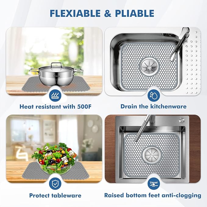 Bestjing 2 Pack Silicone Sink Protectors for Kitchen Sink with Center Drain, 13.58''x 11.6'' Non-Slip Heat Resistant Mat Grid for Bottom of Stainless Steel Porcelain (Center Hole)