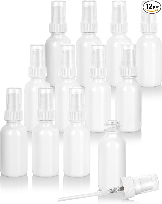 JUVITUS 1 oz / 30 ml High Shine Gloss White Glass Boston Round Bottle with White Treatment Pump (12 Pack)