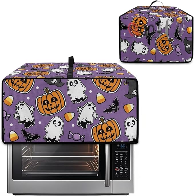 Air Fryer Toaster Oven Cover with Side Pockets, Protective Electrical Appliance Cover Kitchen Countertop Accessories, S, Ghost Pumpkin Bat Candy Violet Halloween Decor