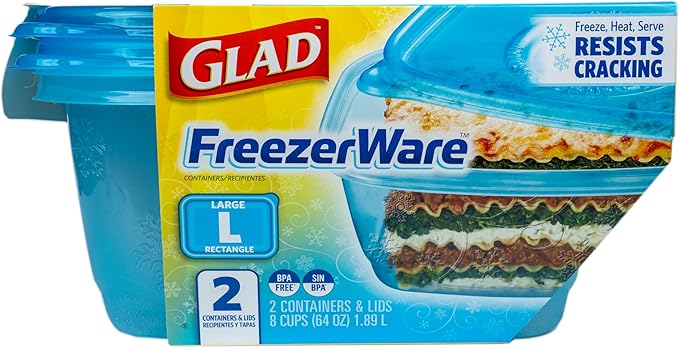 Glad GladWare FreezerWare Food Storage Containers with Lids, Large Rectangle BPA Free Plastic for Freezing Soups Meals and Batch Cooking, Crack Resistant, Microwave Dishwasher Safe, 64 Oz, 2 Count