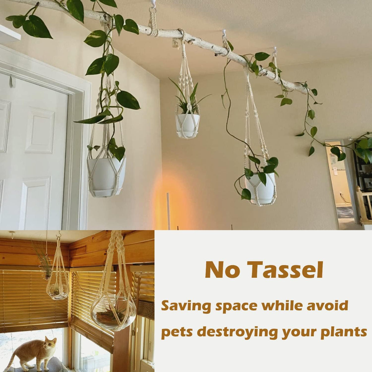 Macrame Plant Hangers with Pots and Saucers, 3 Pack Hanging Planters for Indoor Plants Hanging Plant Holders with Hooks 34" / 26" / 20"