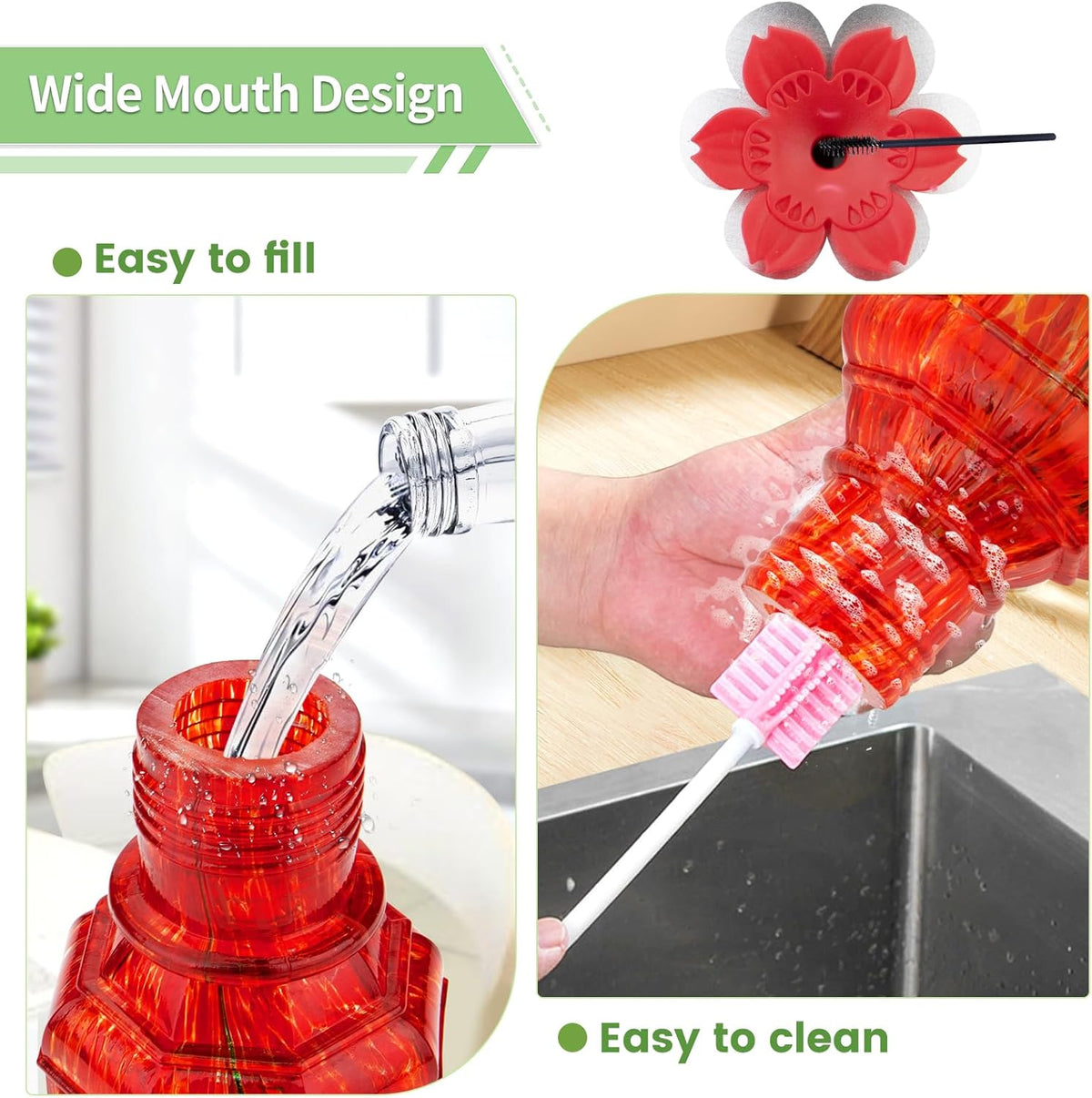 Hummingbird Feeders for Outdoors with Ant Moat, Hand Blown Glass Hummingbird Feeder, 4 Feeding Ports with Perch, Outdoor Garden Décor, 15 OZ, Red, Gifts for Mom Wife Dad Men Women