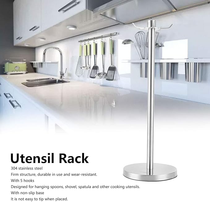Stainless Steel Kitchen Utensil Holder, 360 Degree Rotating Utensil Rack with 5 Hooks, Kitchenware Storage Rack, Countertop Spatula Spoon Soup Ladle Holder