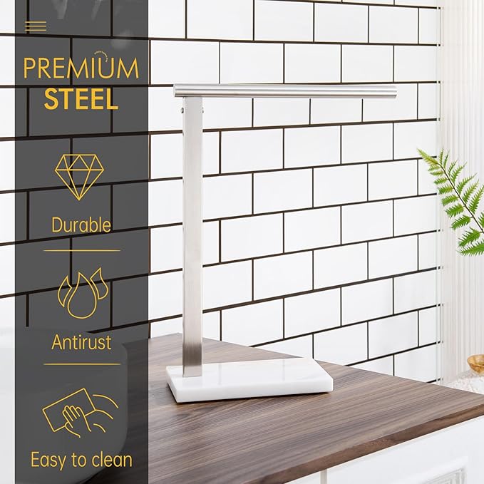 KOKOSIRI Hand Towel Holder Standing Towel Rack with Steady Marble Base for Bathroom Vanity Countertop, Brushed Stainless Steel 15.7'' Height THS0006-BR