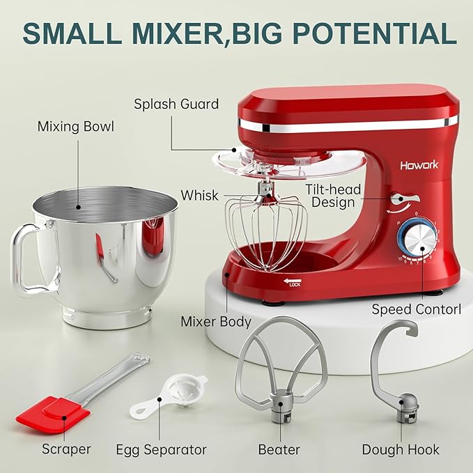 HOWORK Electric Stand Mixer,10+p Speeds With 6.5QT Stainless Steel Bowl,Dough Hook, Wire Whip & Beater,for Most Home Cooks (Red)