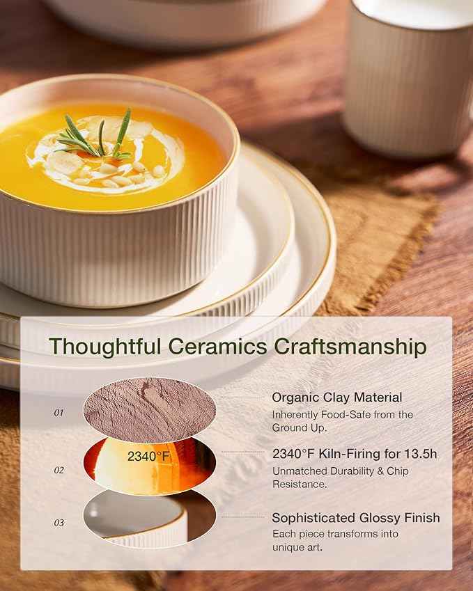 Famiware Star Dinnerware Set with Mugs, Service for 6 (24 Pieces), Ribbed Stoneware Plates and Bowls Dishes Sets with Trim - Chip & Scratch Resistant, Microwave & Dishwasher Safe, White
