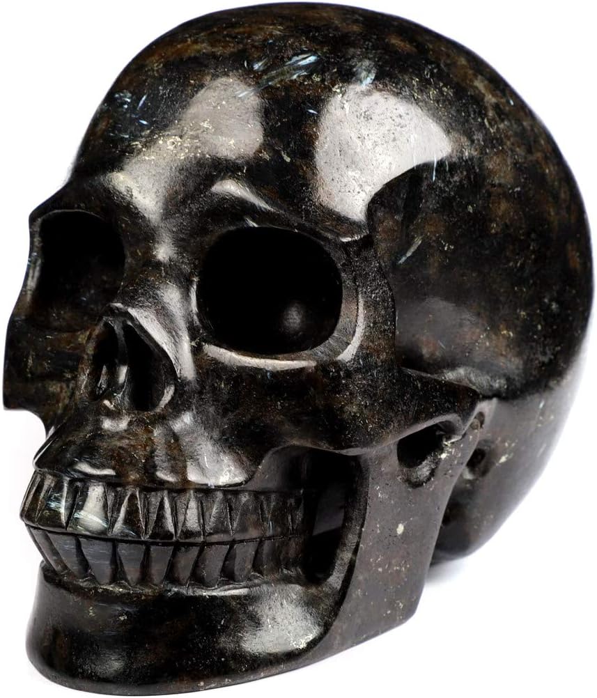 Skullis 5.0" Russian Arfvedsonite Crystal Skull, Hand Carved Gemstone Fine Art Sculpture, Reiki Healing Stone Statue.