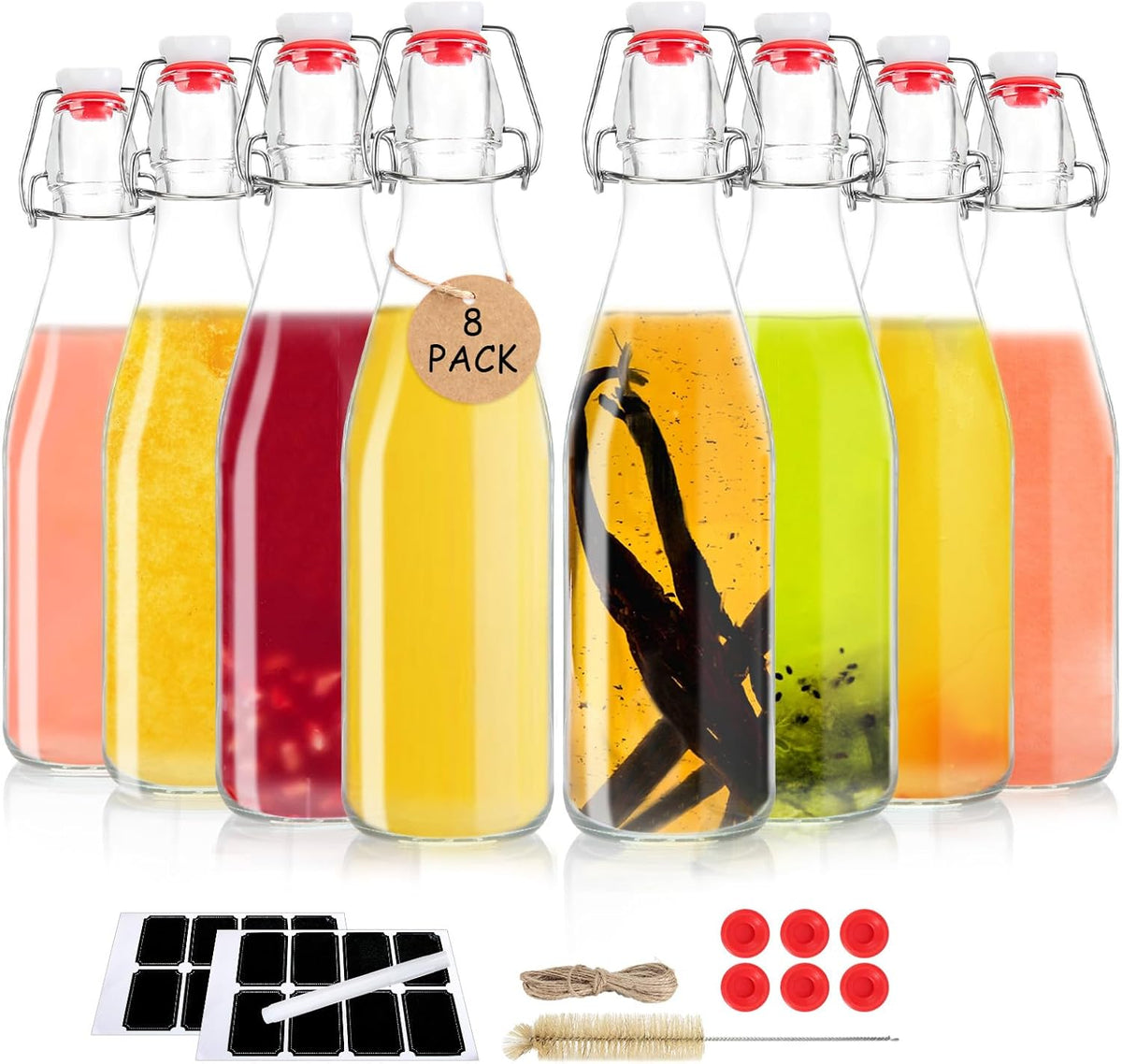 Ruckae 8 Pack 16oz Swing Top Glass Bottles with Air Tight Lids Kombucha Coquito Flip Top Glass Bottle Kefir Syrup Vanilla Extract Beer Brewing Bottles for Gift (16 oz 8 pack)