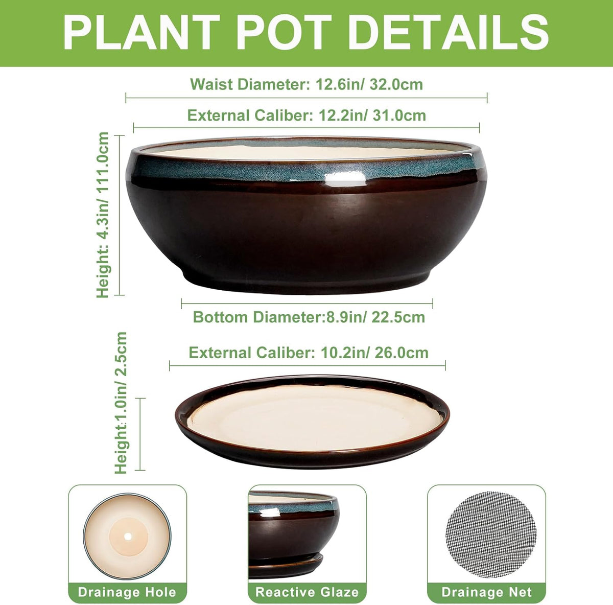 SQOWL Bonsai Planter 12 Inch - Ceramic Succulent Pots Large, Round Shallow Plant Pots Indoor with Drainage Hole and Saucer, Bowl Planter Outdoor for Flower, Room Decor, Housewarming Gifts, Blue-Brown