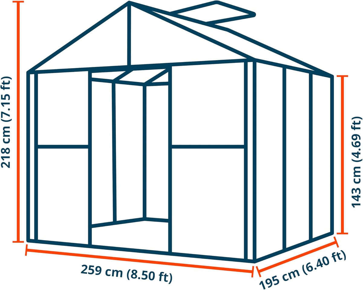 Greenhouse Saphir 3 Aluminum Frame 8.5 x 6.4 ft Approx. 8 mm Polycarbonate Panels - with Bonus Base Frame and Automatic Vent Opener