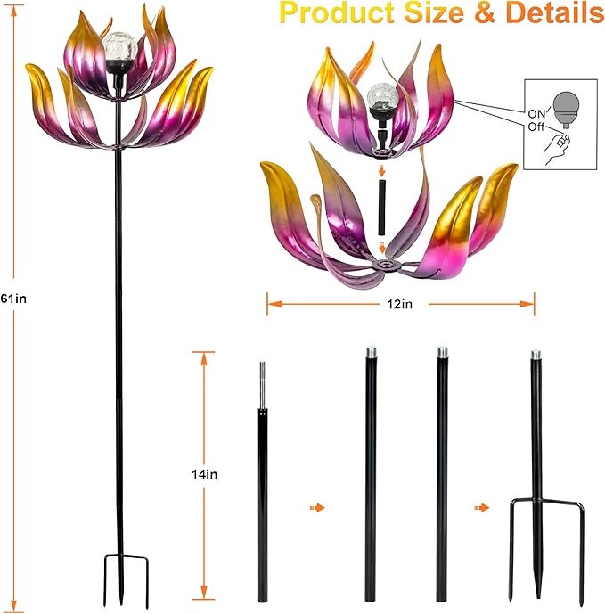 Solar Wind Spinner Outdoor Metal Decor - 61" Tall Lotus Kinetic Yard Art with Color-Changing Crackle Glass LED Light, Dual-Directional Wind Catcher Lawn Ornament for Garden, Patio & Yard Gift