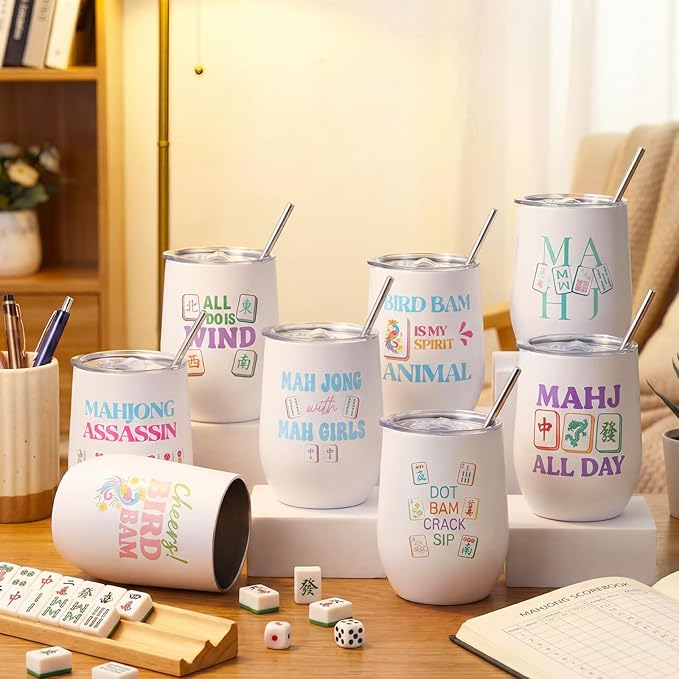 Sliner 8 Pcs Mahjong Tumbler with Lid 12oz Stainless Steel Insulated Cups Mah Jong Accessories Travel Coffee Cup for Women Men Mahjong Lovers Birthday Game Night Party Favors