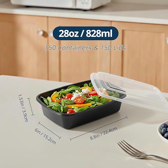 TIYA Meal Prep Containers with Lids, 150 Pack 28 oz Reusable Plastic Food Storage Containers, BPA-Free Lunch Boxes, Microwave/Dishwasher/Freezer Safe, Stackable Portion Control Containers